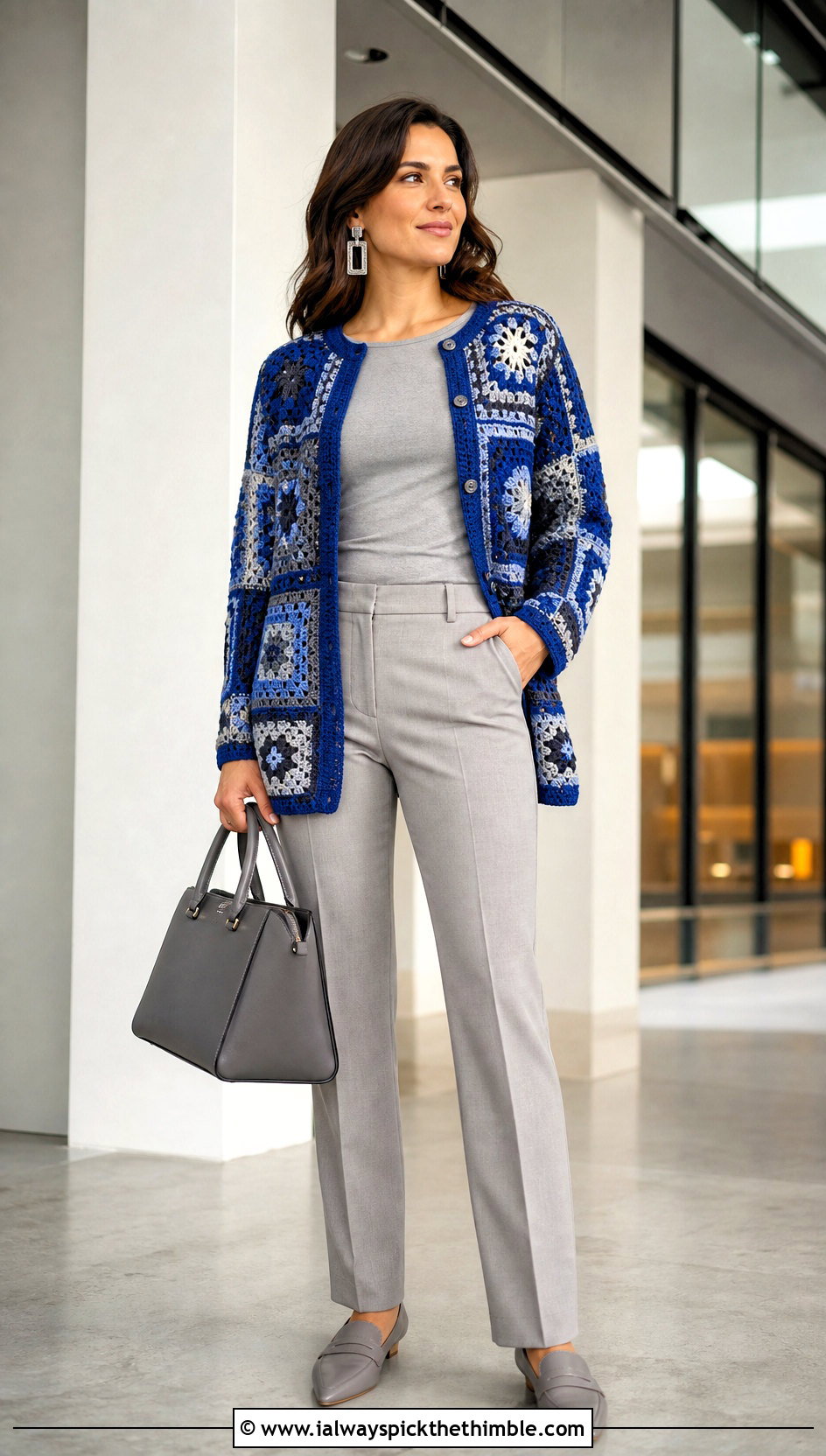 Patchwork Crochet Cardigan With Monochrome Suiting - 20 Crochet Fancy Cardigan outfit ideas