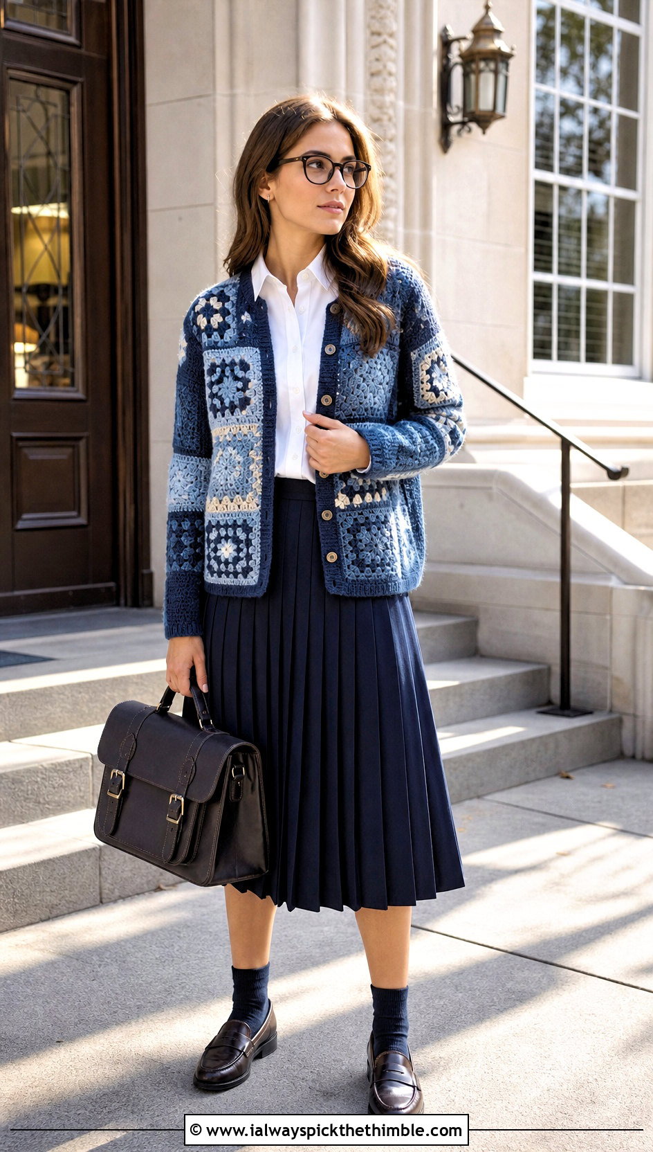 Patchwork Crochet Cardigan With Pleated Midi Skirt - 20 unique crochet cardigan outfit ideas