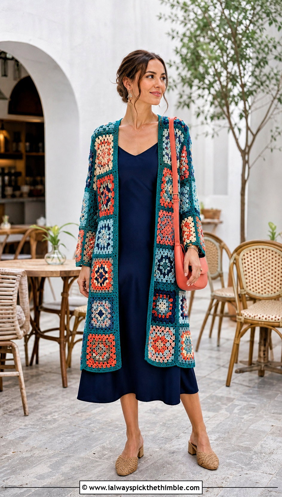 Patchwork Crochet Cardigan With Slip Dress - 15 vibrant crochet sweater design outfit ideas