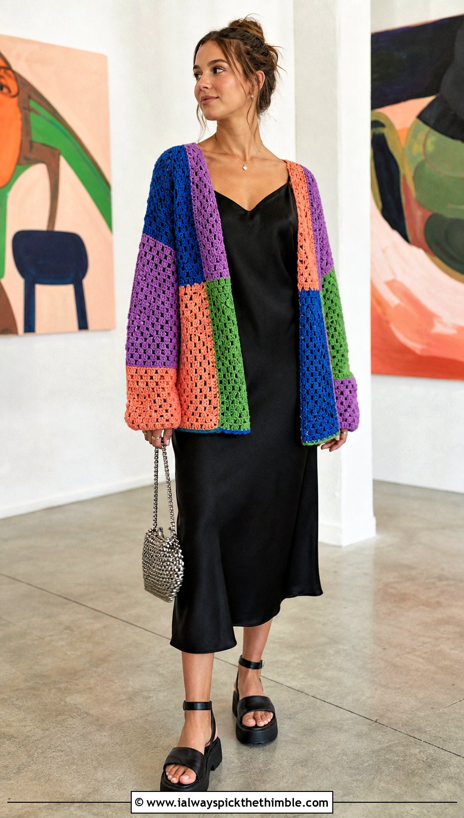Patchwork Crochet Cardigan With Slip Dress - 15 Crochet Womens Sweaters outfit ideas