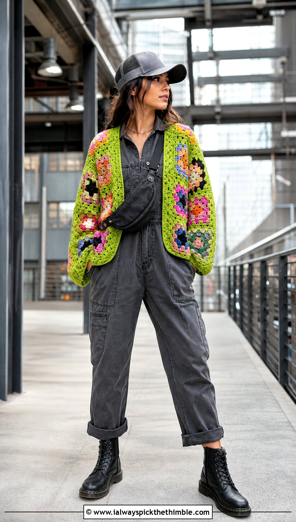 Patchwork Crochet Cardigan With Trucker Hat and Utility Jumpsuit - 15 Crochet Cardigan With Hat outfit ideas