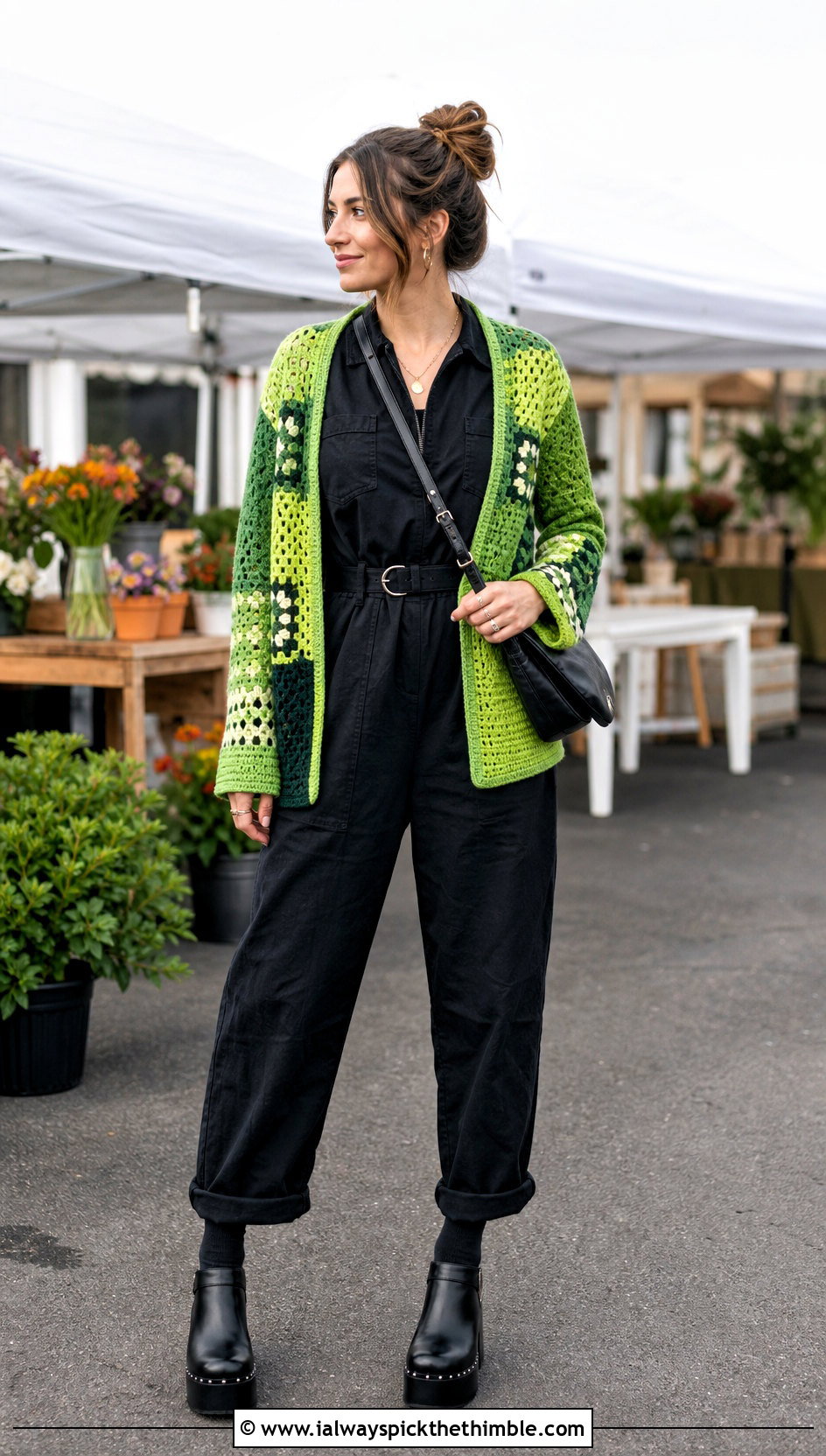 Patchwork Crochet Cardigan With Utility Jumpsuit - 20 diy crochet cardigan outfit ideas