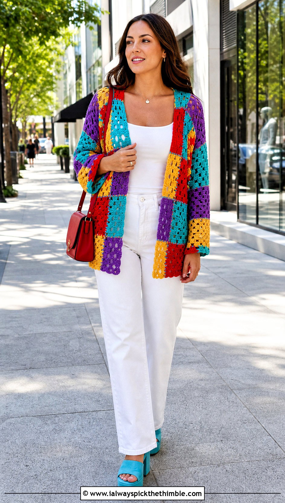 Patchwork Crochet Cardigan With White Denim - 25 crochet summer cardigan outfit ideas