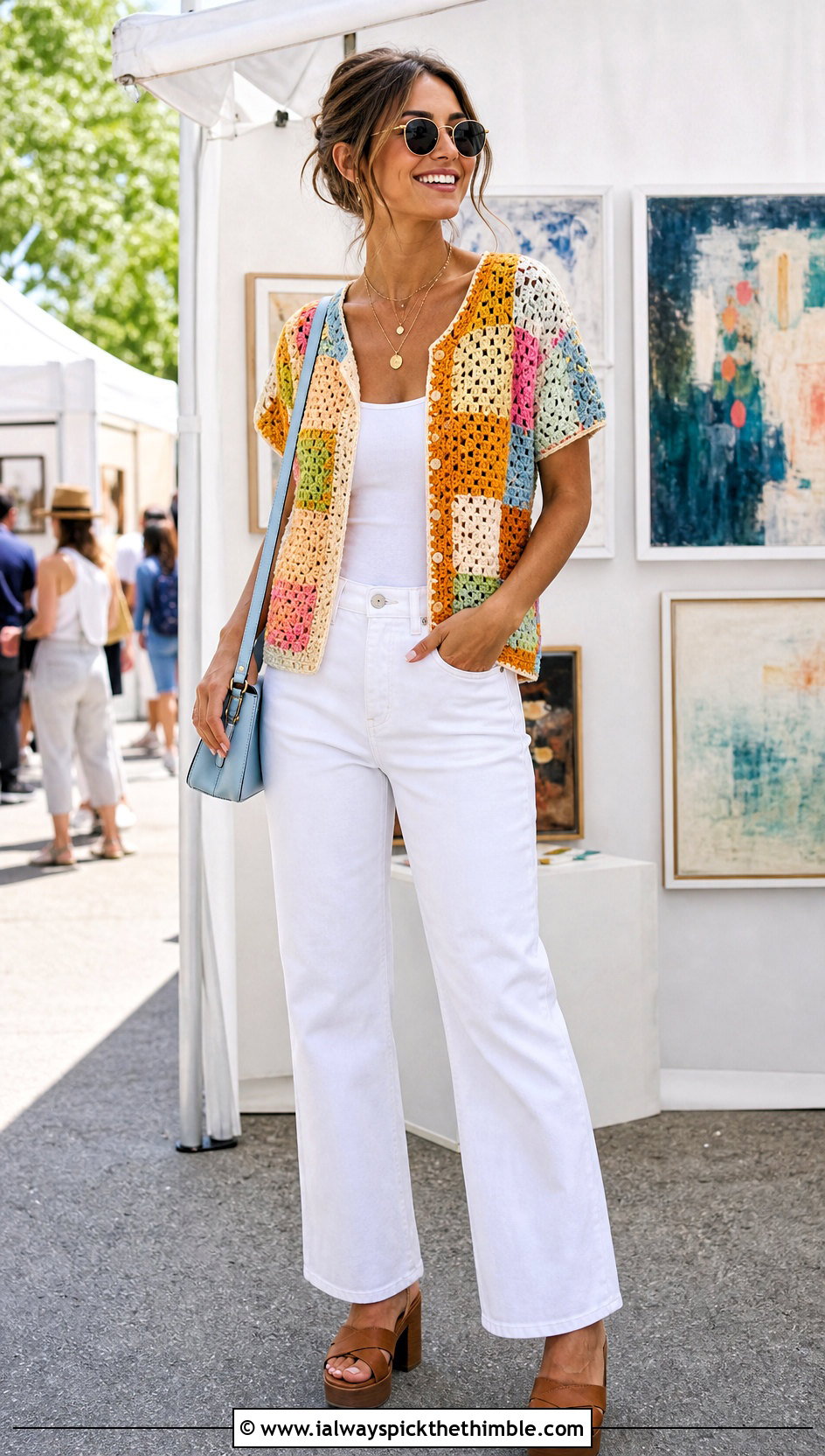 Patchwork Crochet Cardigan With White Jeans - 20 short sleeve crochet cardigan outfit ideas