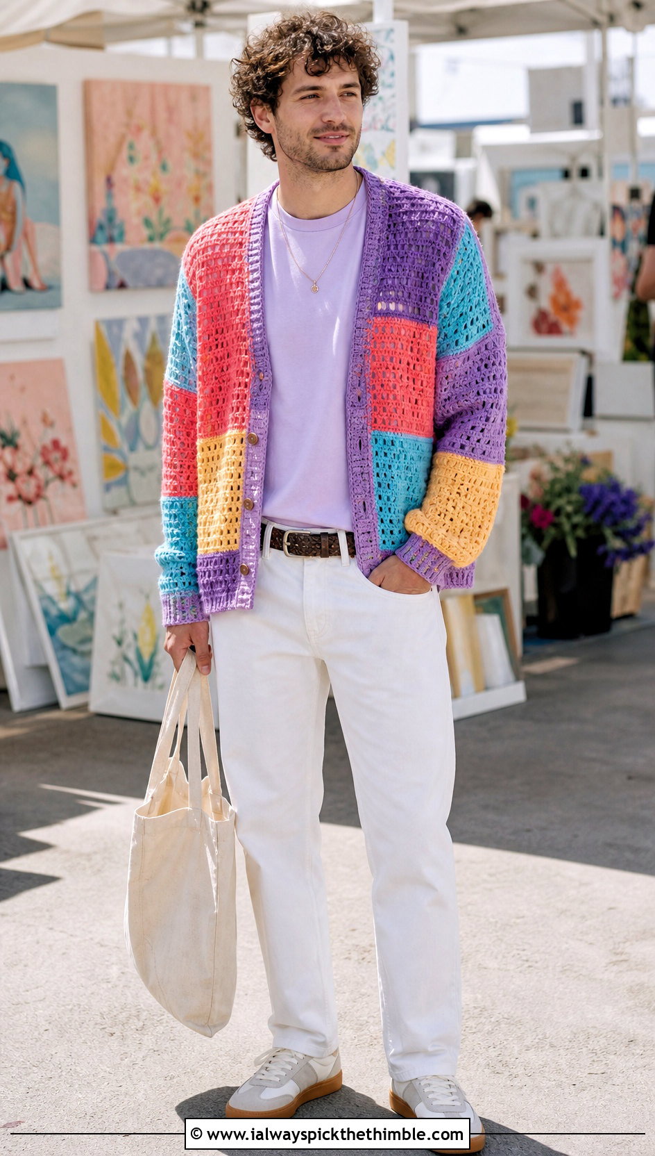 Patchwork Crochet Cardigan With White Jeans - 20 men's crochet cardigan outfit ideas