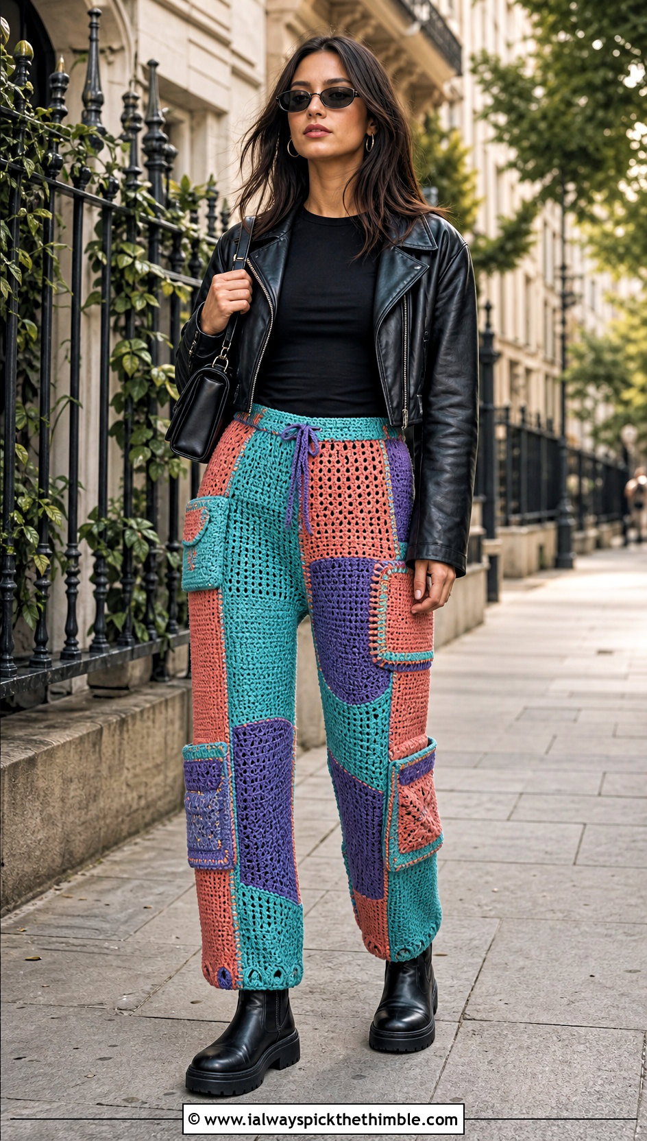 Patchwork Crochet Cargo Pants With Leather Jacket - 25 crochet cargo pants outfit ideas