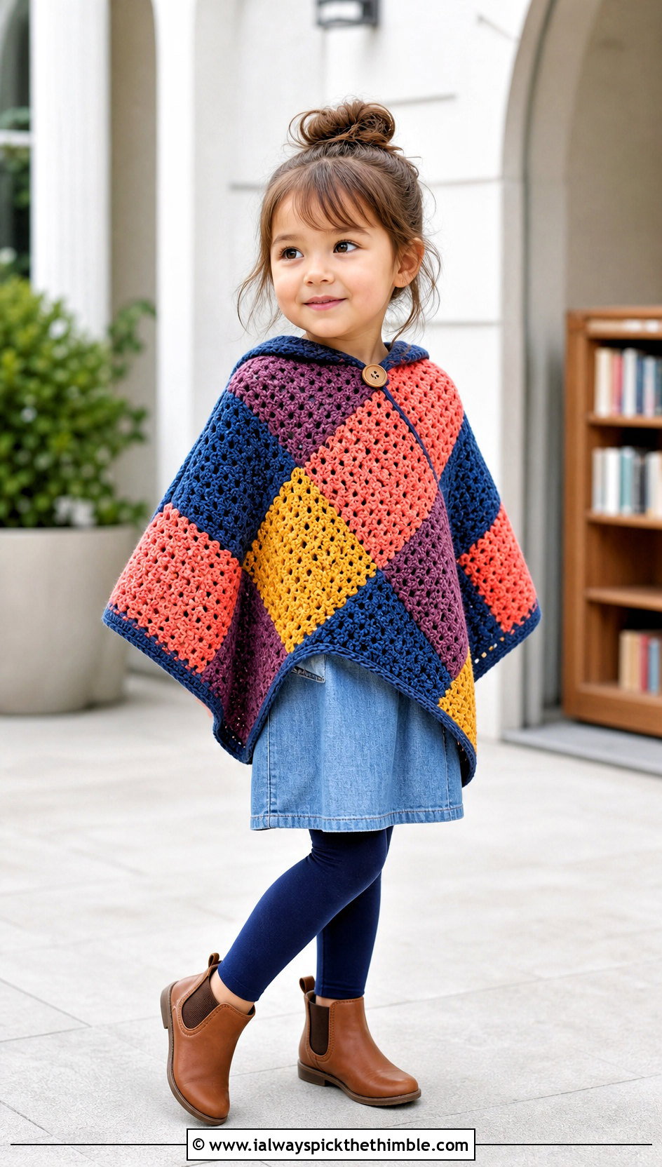 Patchwork Crochet Carseat Poncho With Denim Dress - 20 Crochet Carseat Poncho outfit ideas