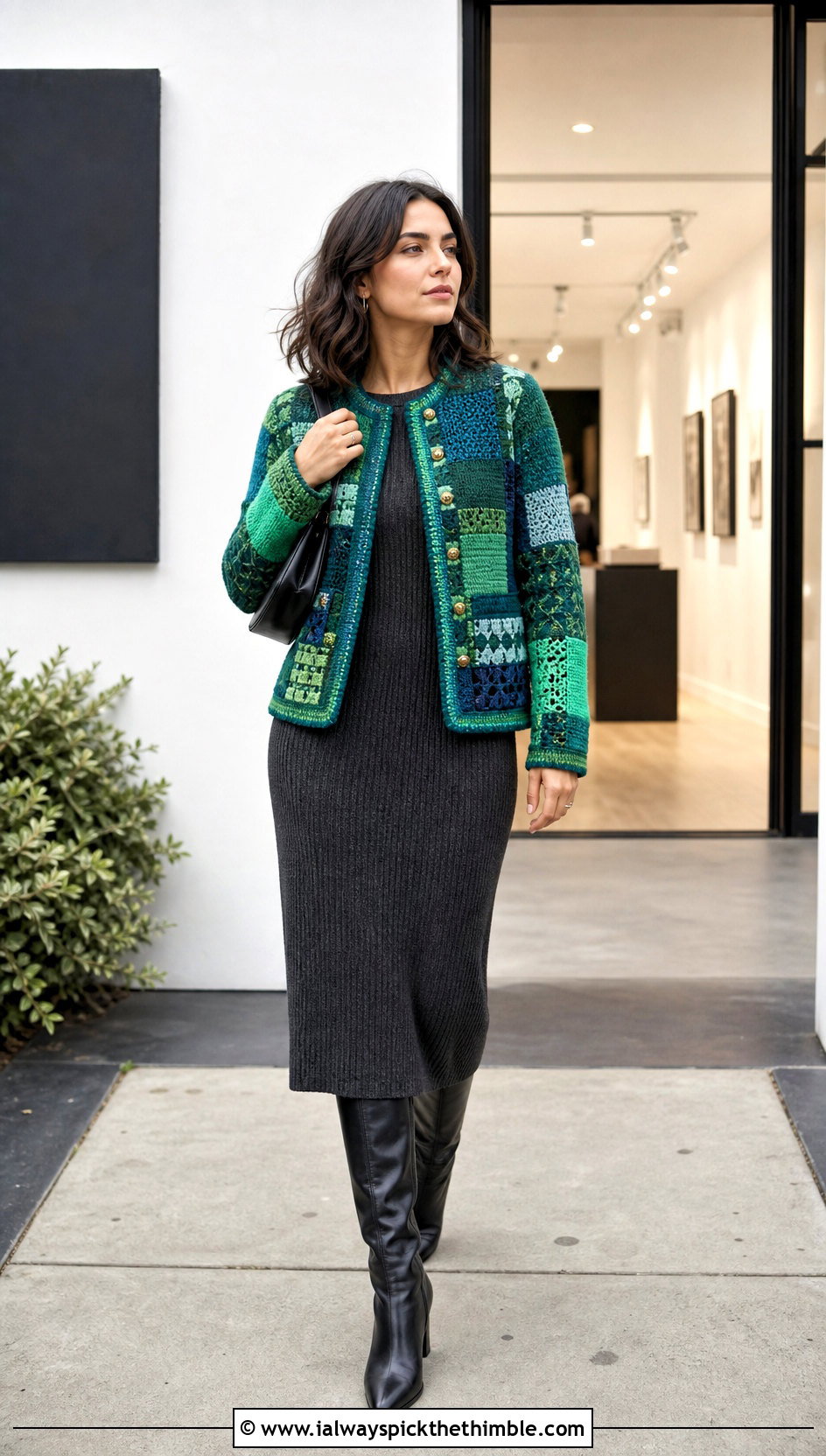 Patchwork Crochet Chanel Jacket With Ribbed Knit Dress - 20 crochet chanel jacket outfit ideas