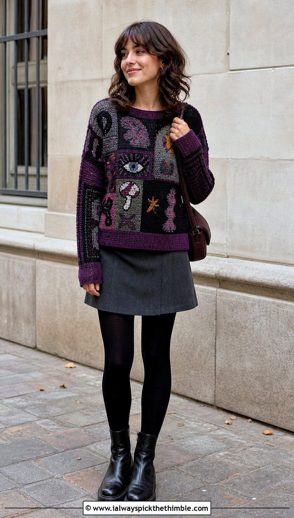 Patchwork Crochet Character Sweater With Mini Skirt - 20 Crochet Character Sweater outfit ideas