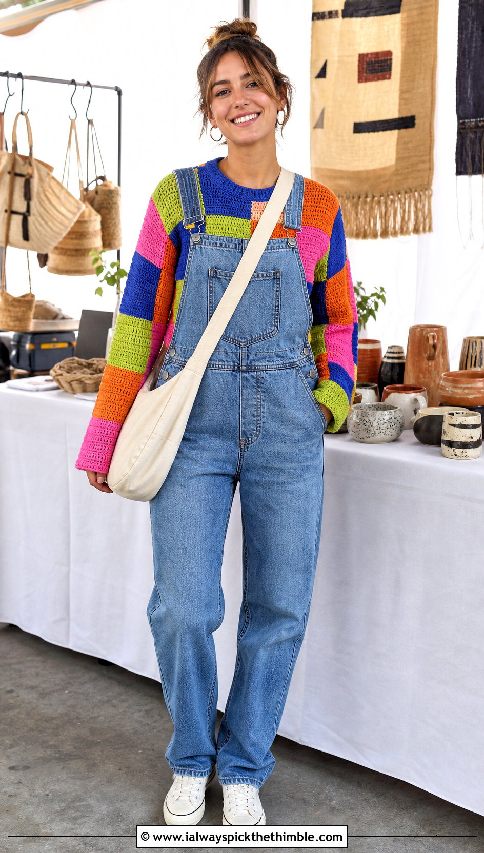 Patchwork Crochet Checker Sweater With Denim Overalls - 20 Crochet Checker Sweater outfit ideas