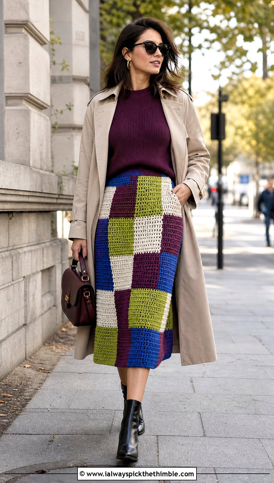 Patchwork Crochet Checkered Skirt With Trench Coat - 20 crochet checkered skirt outfit ideas
