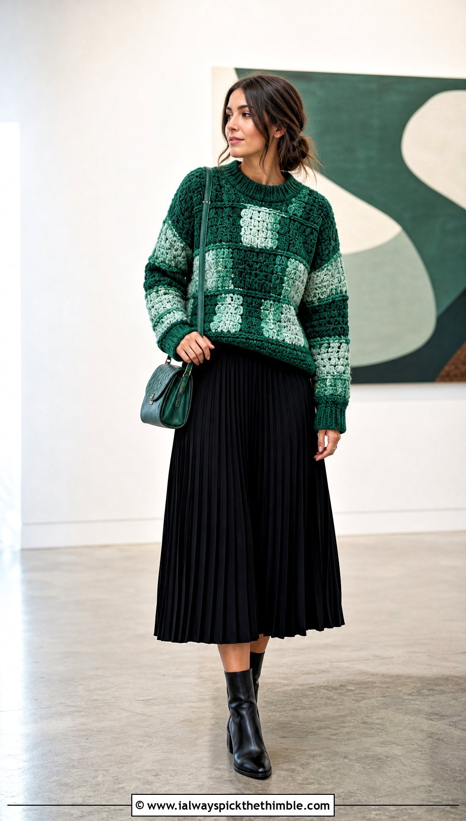 Patchwork Crochet Chenille Sweater With Pleated Midi Skirt - 20 crochet chenille sweater outfit ideas