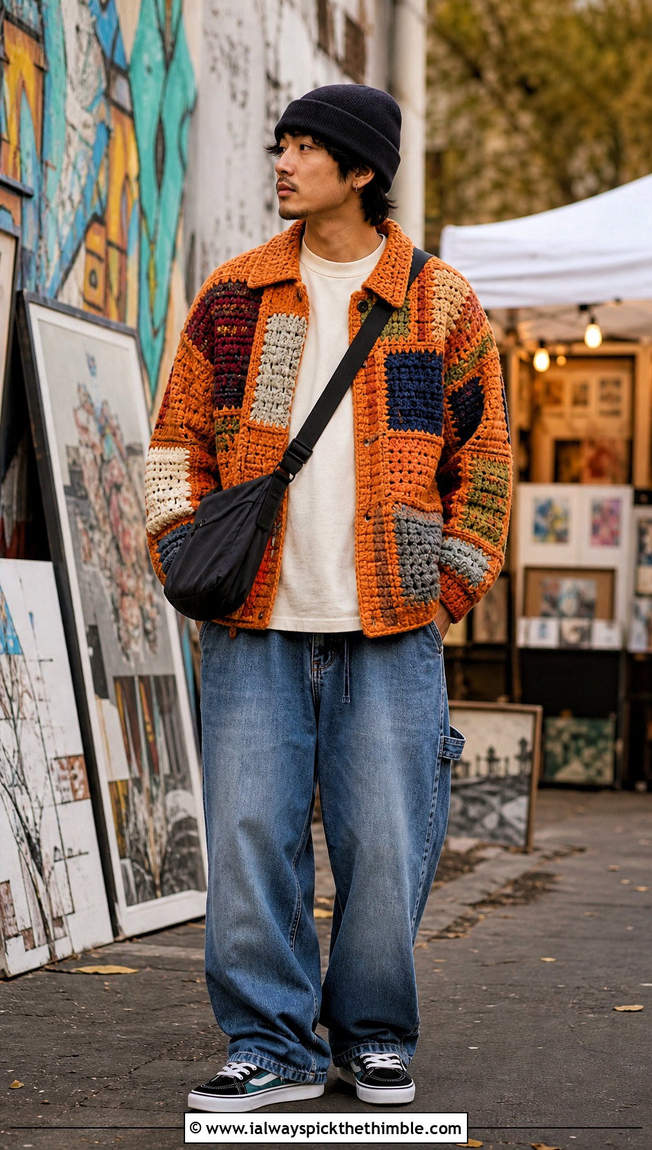Patchwork Crochet Chore Jacket With Carpenter Pants - 20 Mens Crochet Outfit ideas