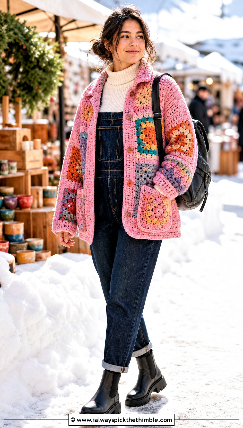 Patchwork Crochet Chore Jacket With Denim Overalls - 20 crochet winter jacket outfit ideas