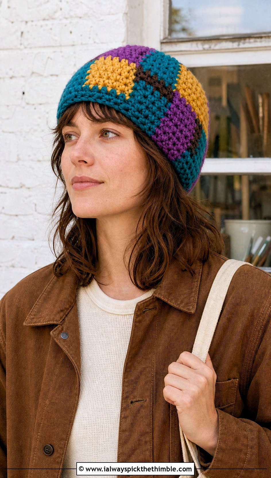 Patchwork Crochet Chunky Beanie With Chore Coat And Carpenter Jeans - 25 crochet chunky beanie outfit ideas