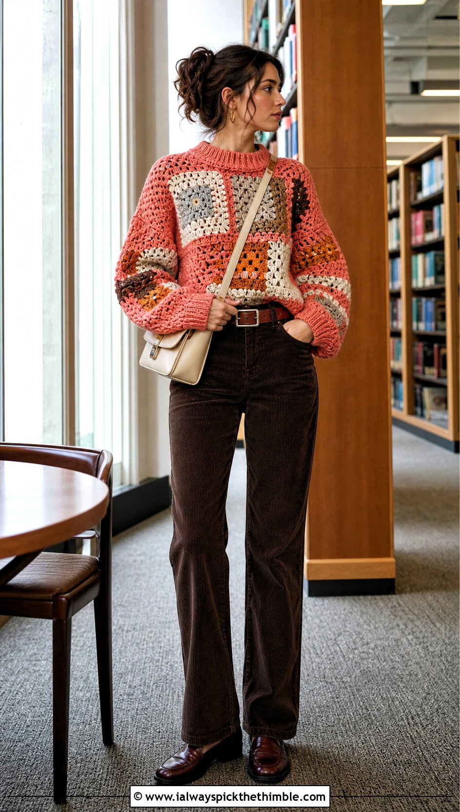 Patchwork Crochet Chunky Sweater With Corduroy Pants And Loafers - 25 crochet chunky sweater outfit ideas
