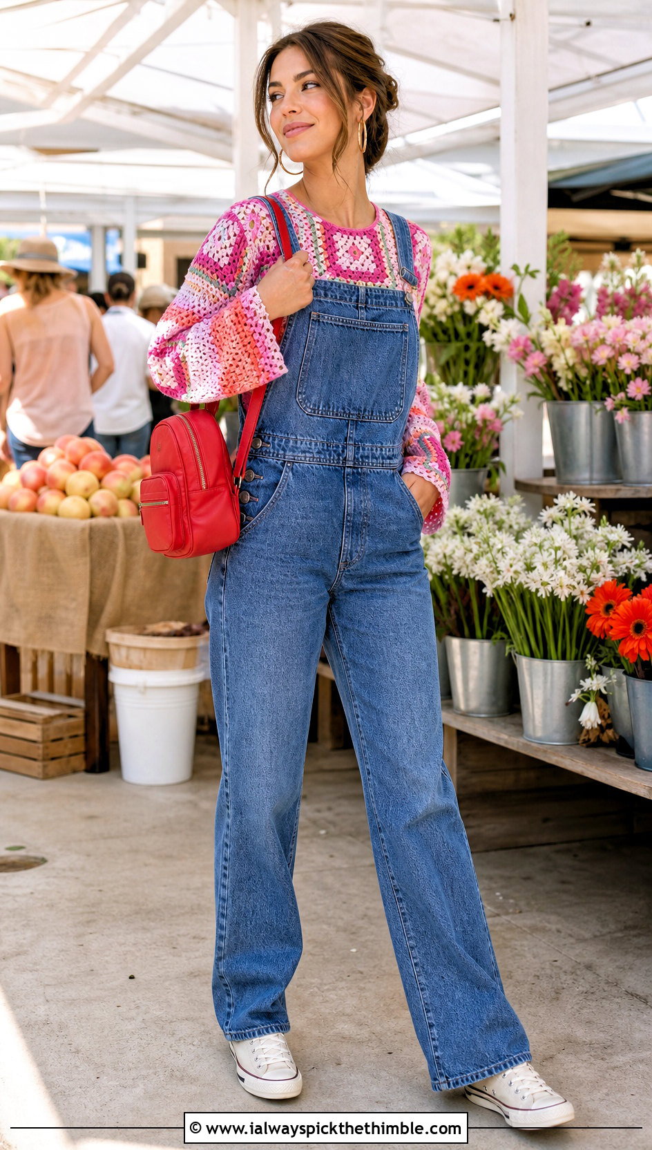 Patchwork Crochet Cleo Top With Denim Overalls - 20 crochet cleo top outfit ideas