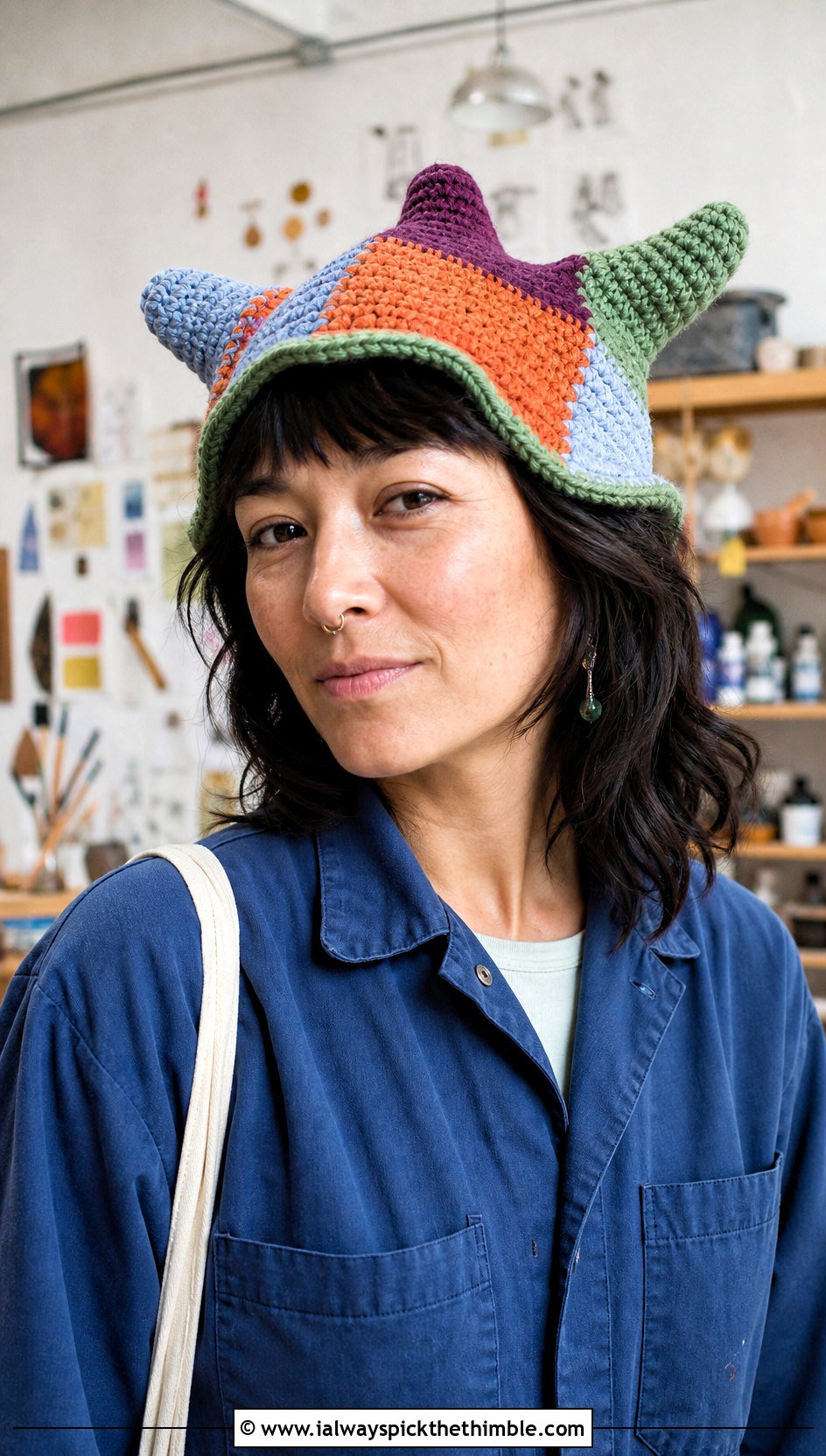 Patchwork Crochet Clown Hat With Workwear Jumpsuit - 20 crochet clown hat outfit ideas