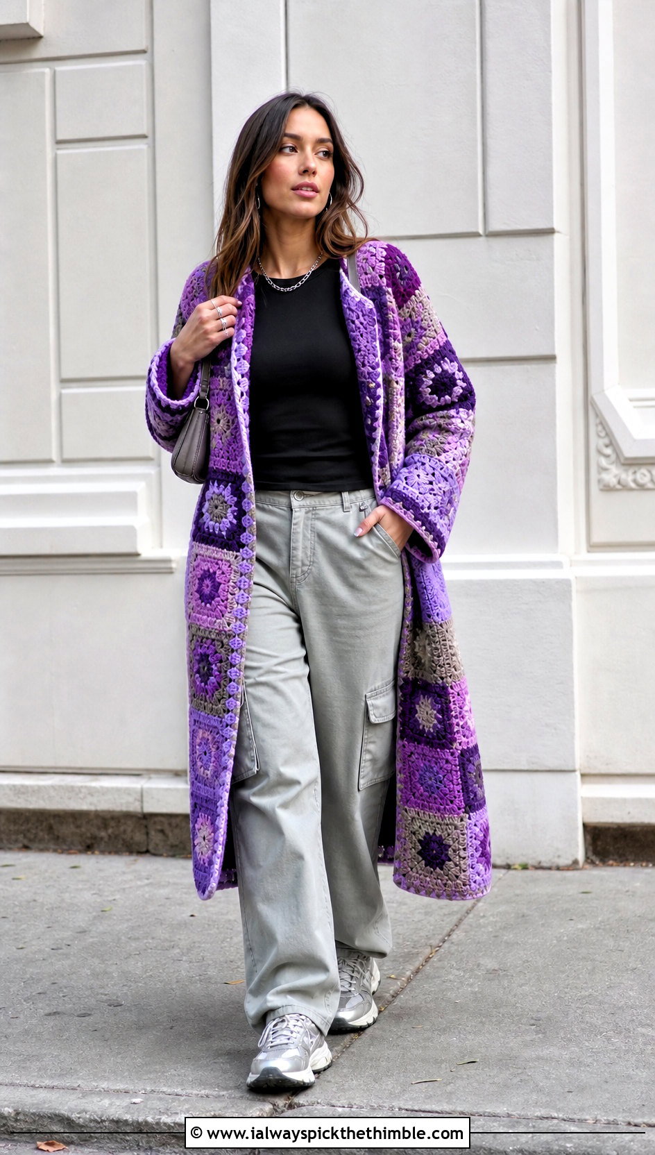 Patchwork Crochet Coat With Cargo Pants - 15 crochet coat size m outfit ideas