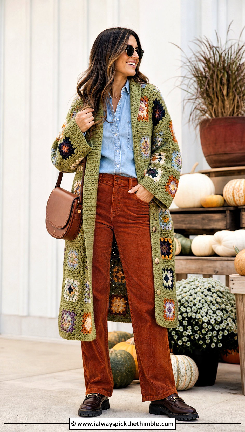 Patchwork Crochet Coat With Denim Shirt And Corduroy Pants - 15 beginner crochet coat outfit ideas