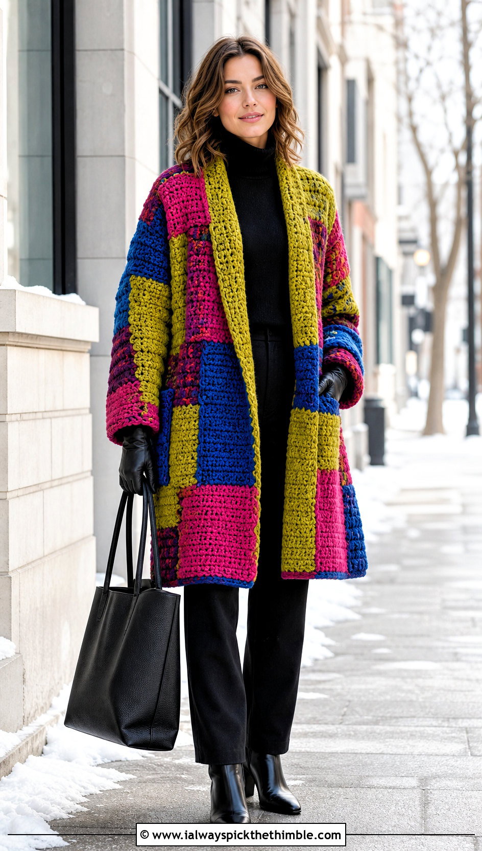 Patchwork Crochet Coatigan Sweater With Monochrome Winter Outfit - 25 patchwork crochet sweater outfit ideas