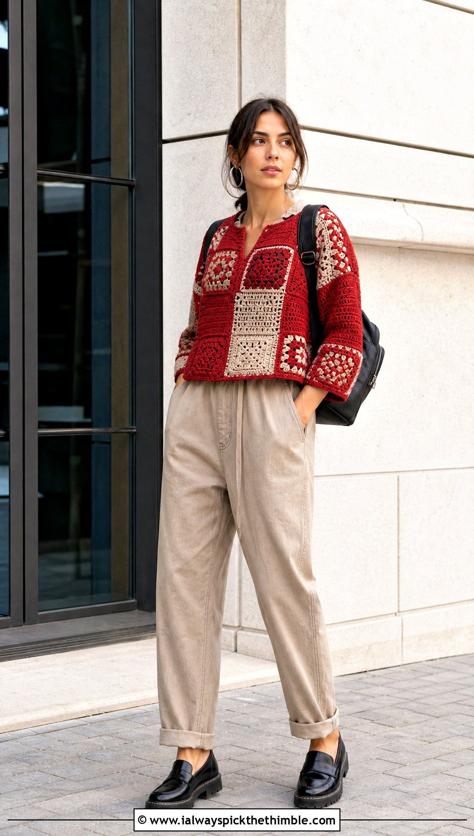 Patchwork Crochet Cotton Sweater With Utility Jumpsuit - 20 Crochet Cotton Sweater outfit ideas