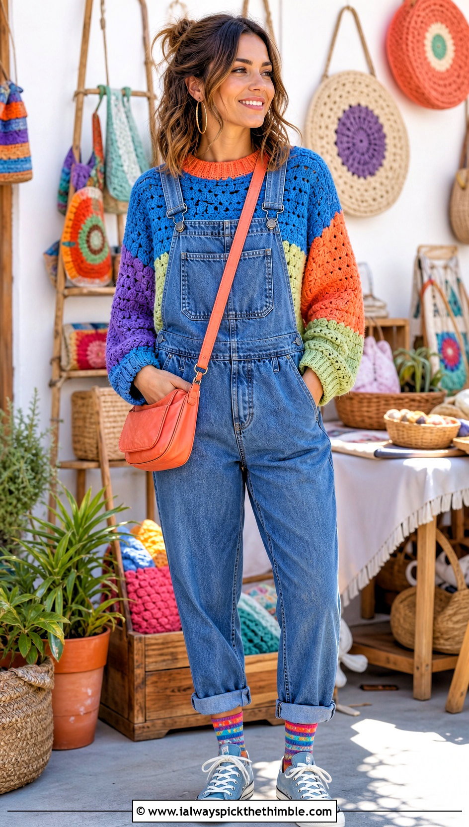 Patchwork Crochet Couch Sweater With Denim Overalls - 15 Crochet Couch Sweater outfit ideas