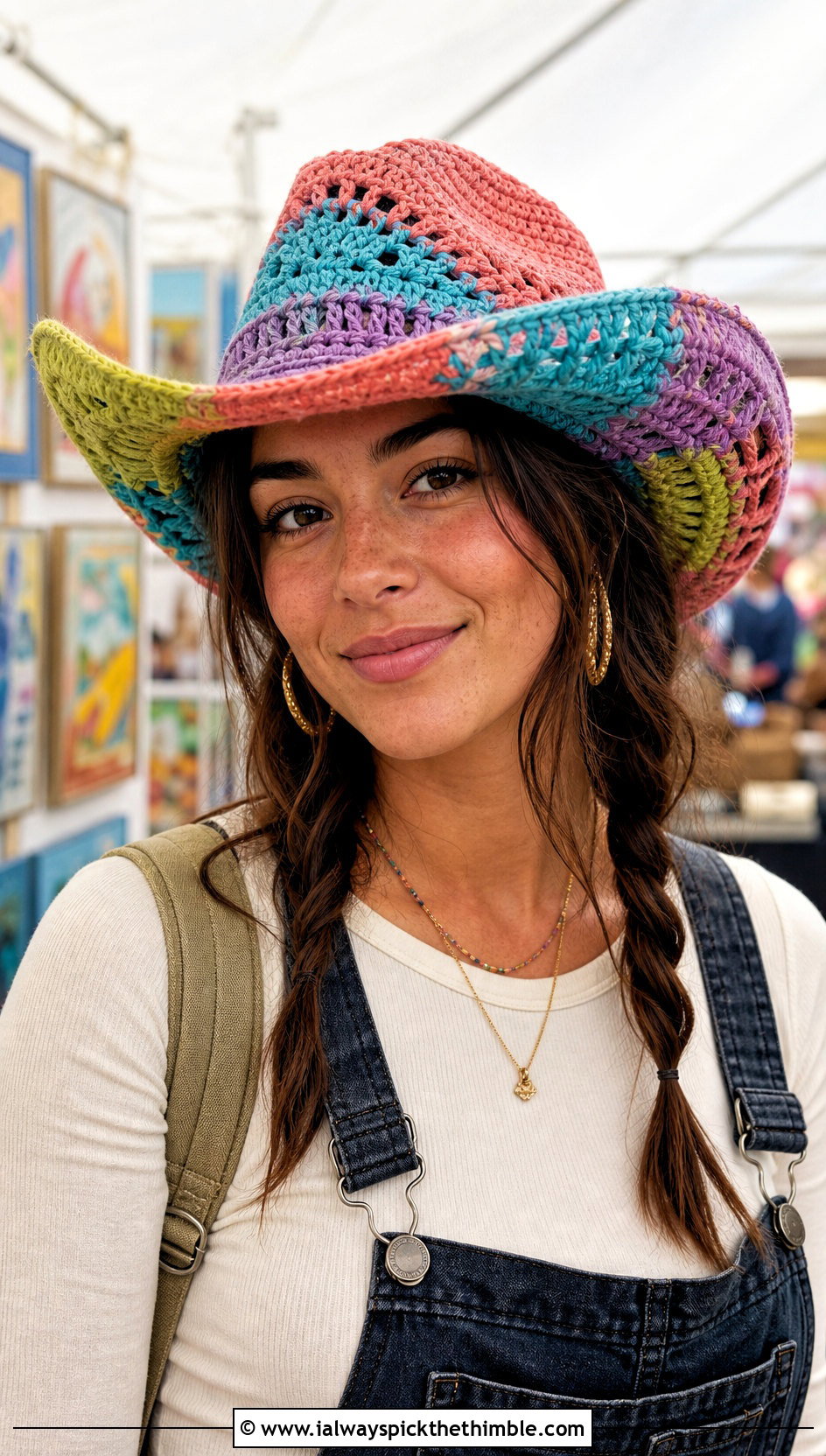 Patchwork Crochet Cowboy Hat With Overalls - 25 crochet cowboy hat outfit ideas