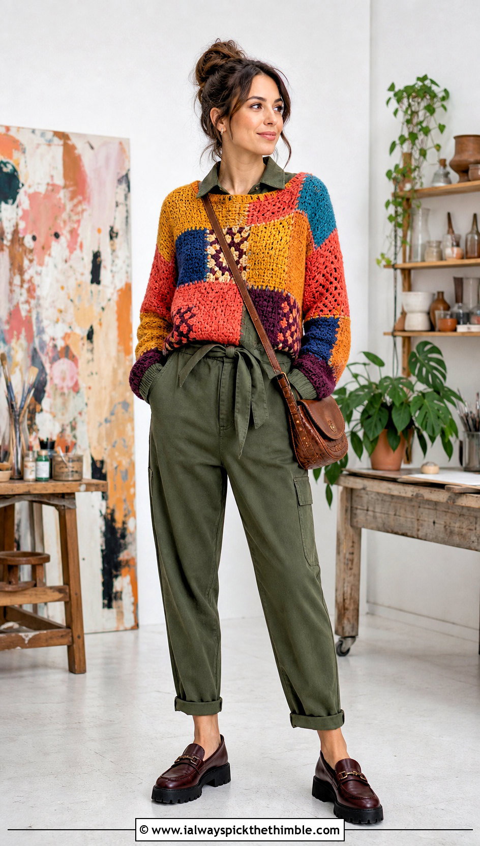 Patchwork Crochet Crewneck Sweater With Utility Jumpsuit - 20 crochet crewneck sweater outfit ideas