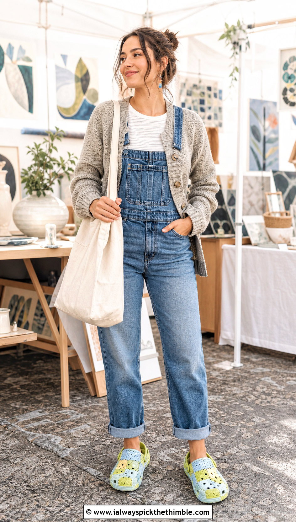 Patchwork Crochet Crocs With Denim Overalls - 25 crochet crocs shoes outfit ideas