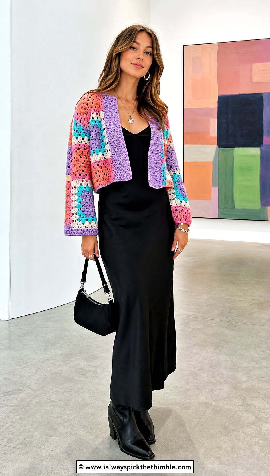 Patchwork Crochet Crop Cardigan With Black Slip Dress - 20 crochet crop cardigan outfit ideas