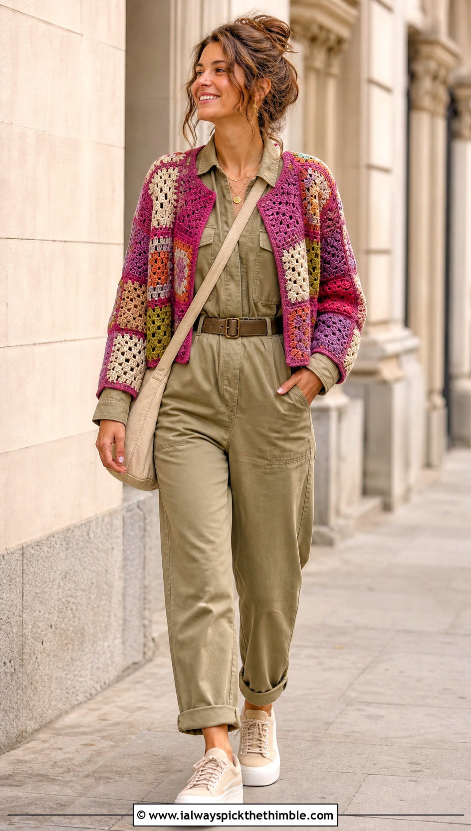 Patchwork Crochet Crop Cardigan With Utility Jumpsuit - 20 Chunky Crochet Crop Cardigan outfit ideas