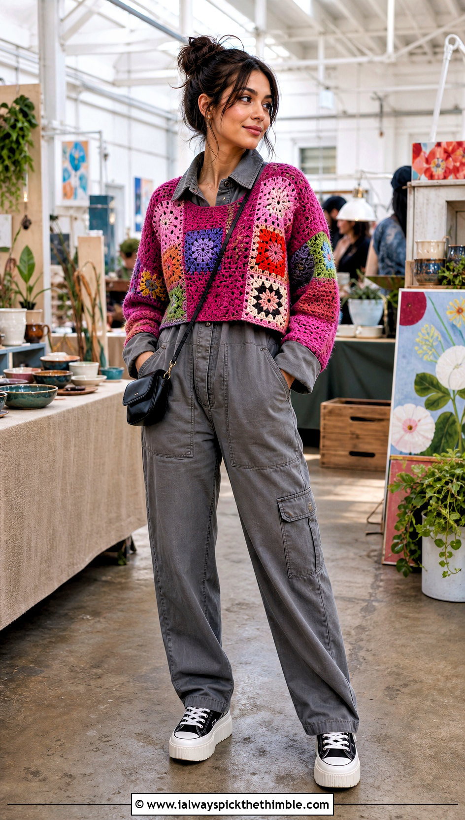 Patchwork Crochet Crop Sweater Over A Utility Jumpsuit - 25 crochet crop sweater outfit ideas