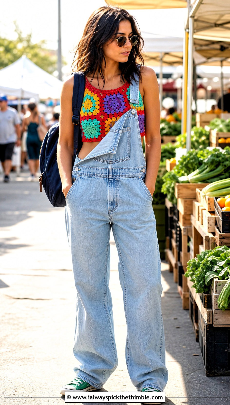 Patchwork Crochet Crop Top With Denim Overalls - 25 easy crochet summer tops outfit ideas