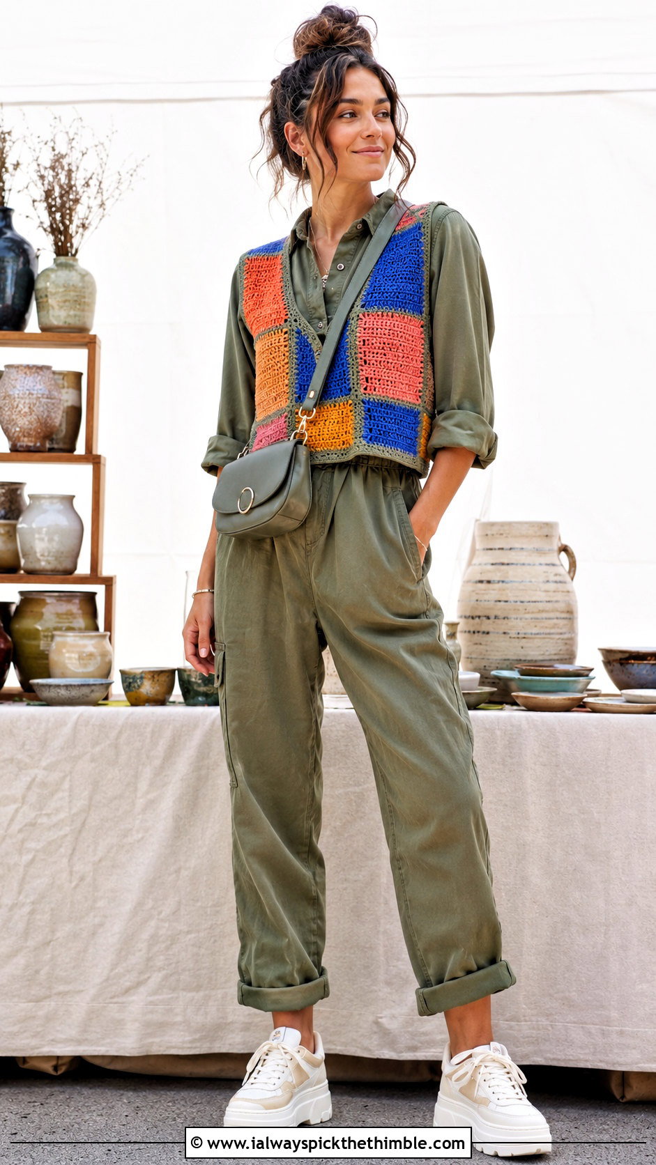 Patchwork Crochet Crop Vest With Utility Jumpsuit - 20 crochet crop vest outfit ideas