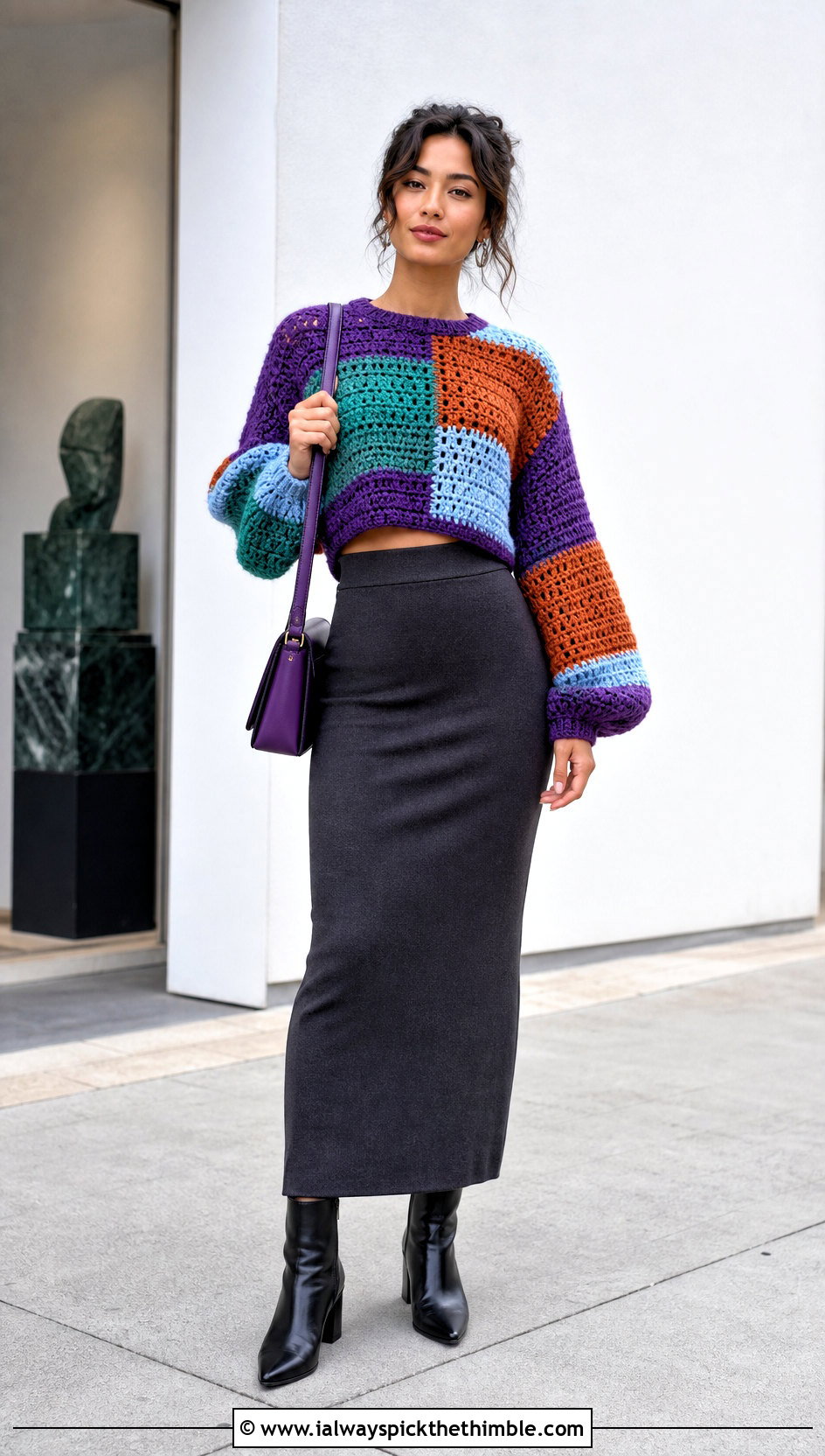Patchwork Crochet Cropped Jumper With Column Skirt - 20 crochet cropped jumper outfit ideas