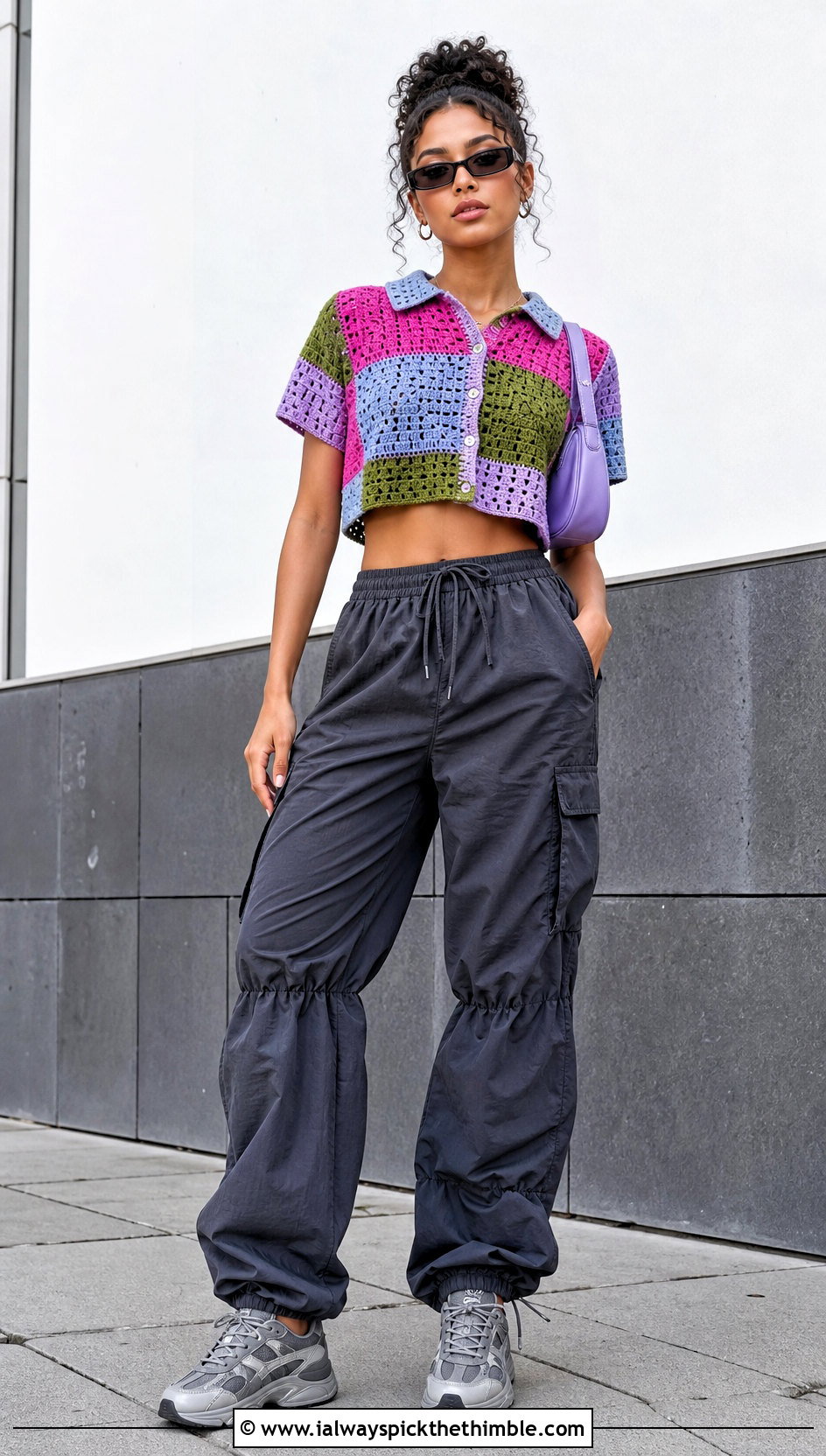 Patchwork Crochet Cropped Shirt With Parachute Pants - 20 crochet cropped shirt outfit ideas