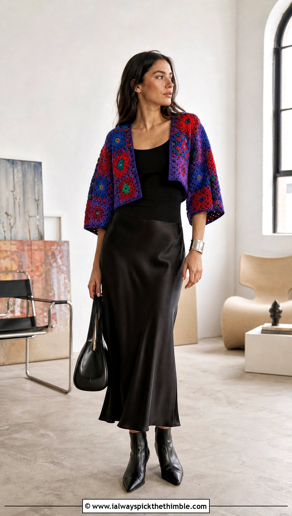 Patchwork Crochet Cropped Shrug With Black Slip Skirt - 20 Crochet Cropped Shrug outfit ideas