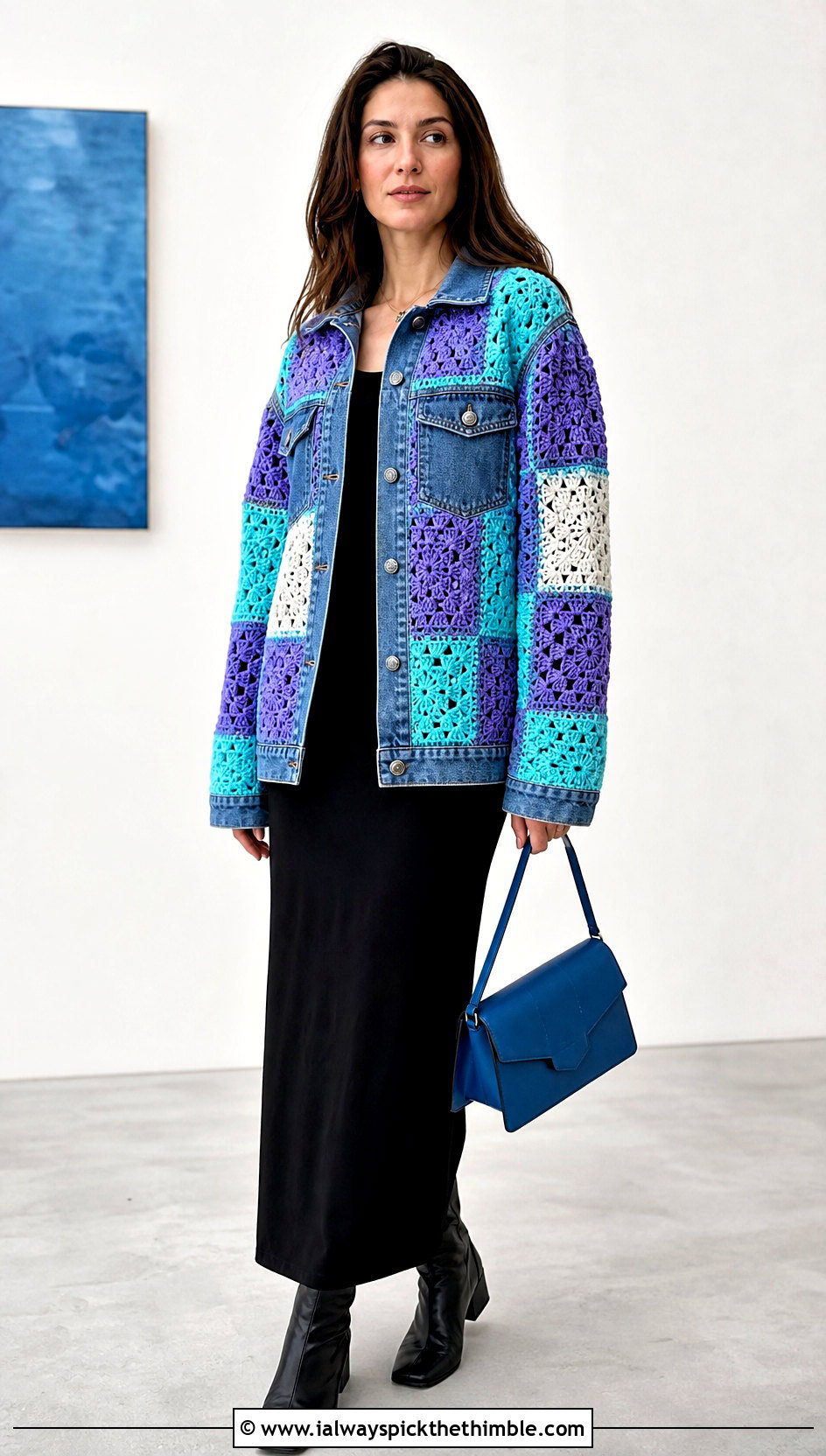 Patchwork Crochet Denim Jacket With Column Dress - 20 crochet denim jacket outfit ideas