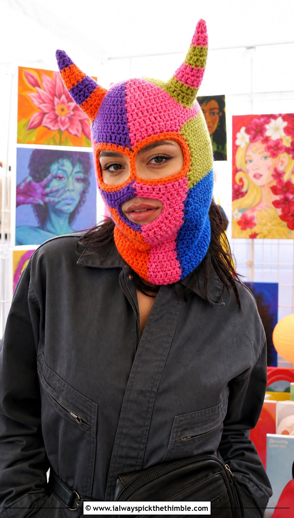 Patchwork Crochet Devil Horn Balaclava With Utility Jumpsuit - 20 crochet devil horn balaclava outfit ideas