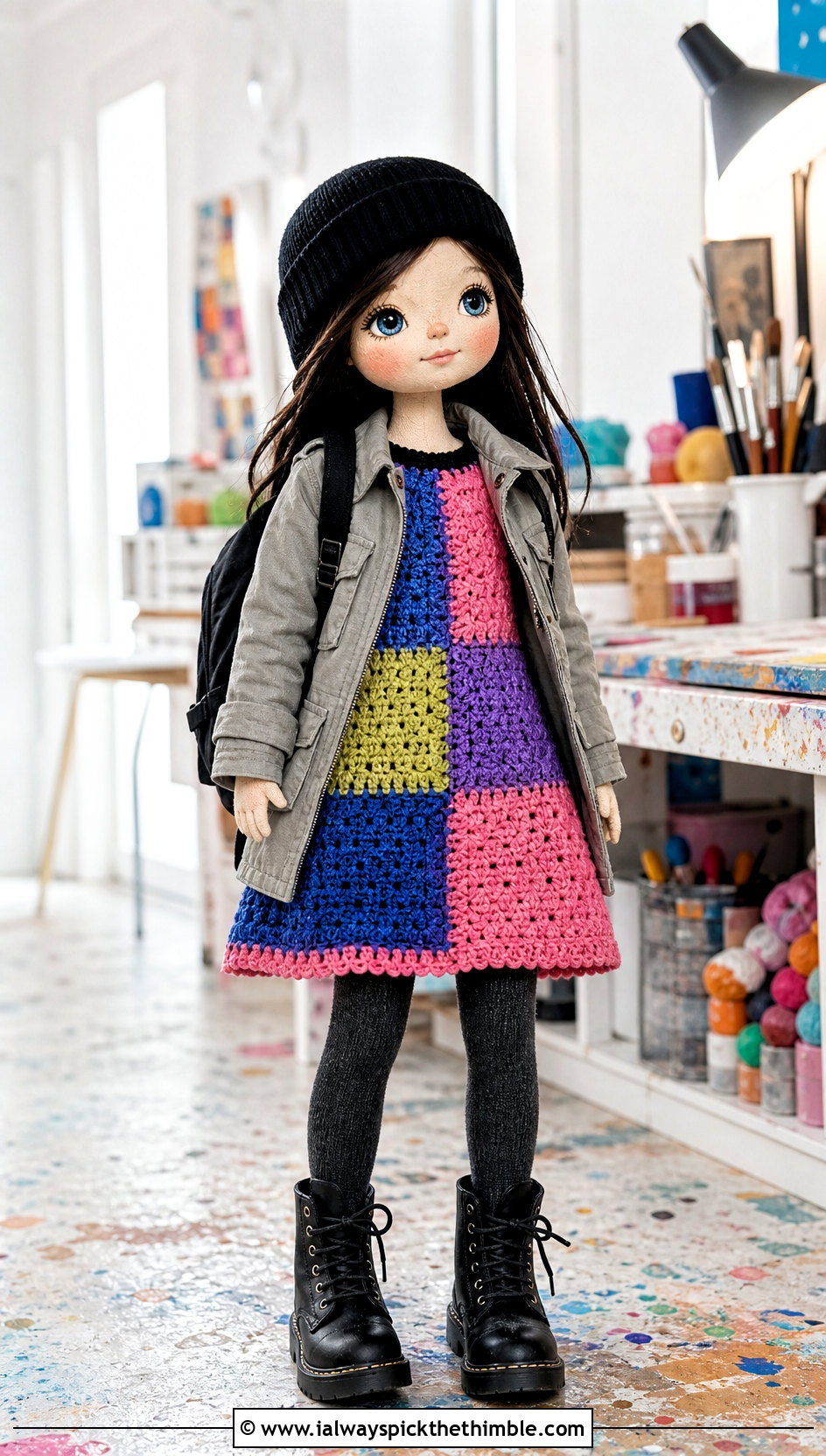Patchwork Crochet Doll Dress With Combat Boots - 25 crochet doll dress outfit ideas
