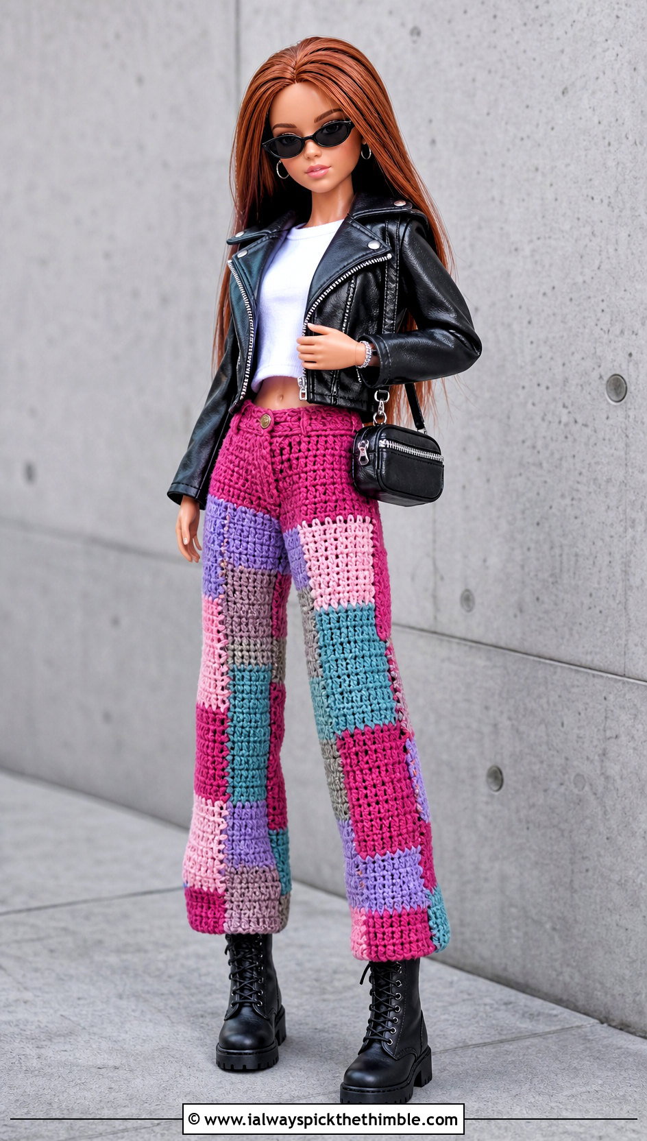 Patchwork Crochet Doll Pants With Leather Jacket - 25 crochet doll pants outfit ideas