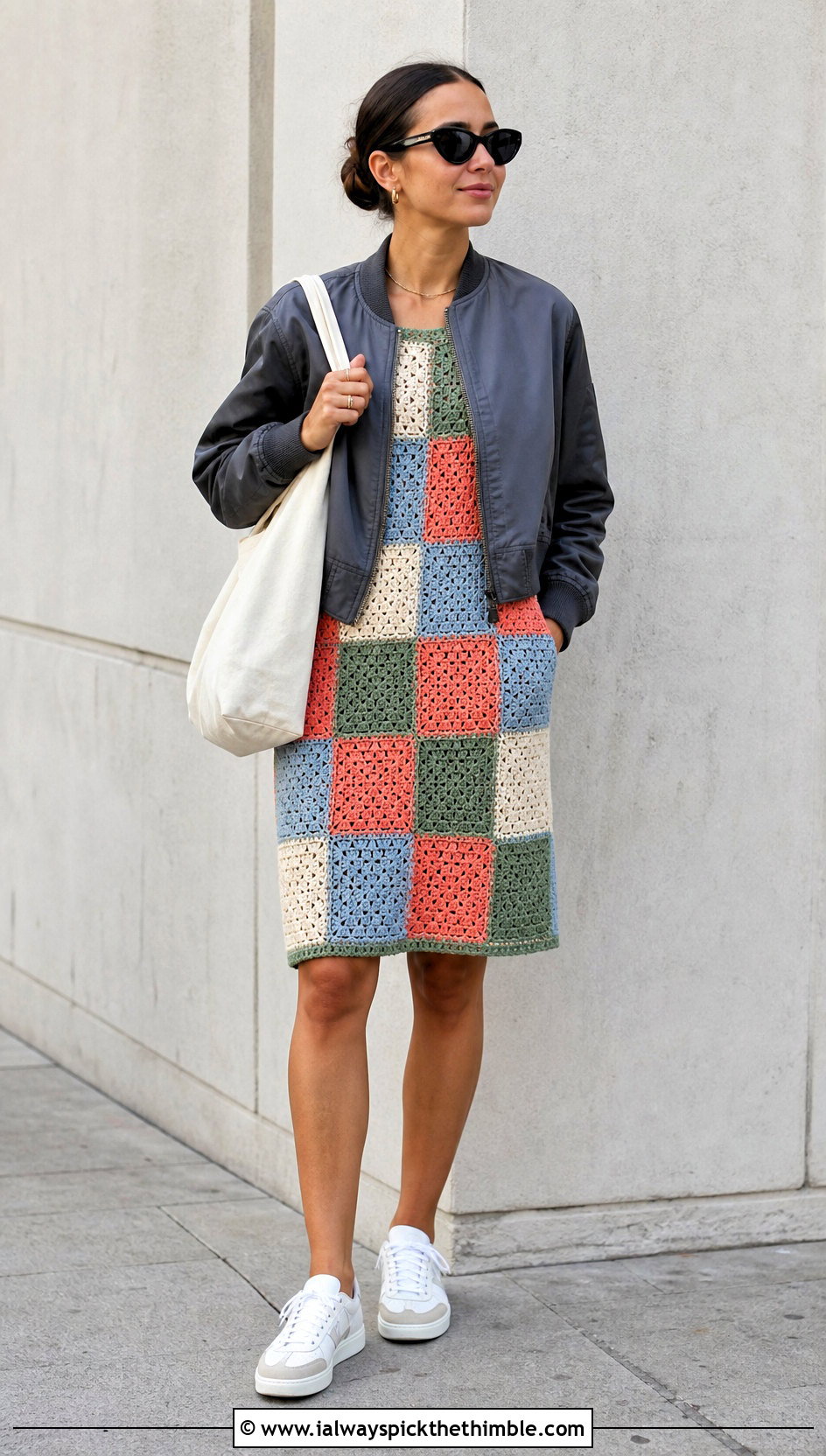Patchwork Crochet Dress With White Sneakers - 20 boho crochet dress outfit ideas
