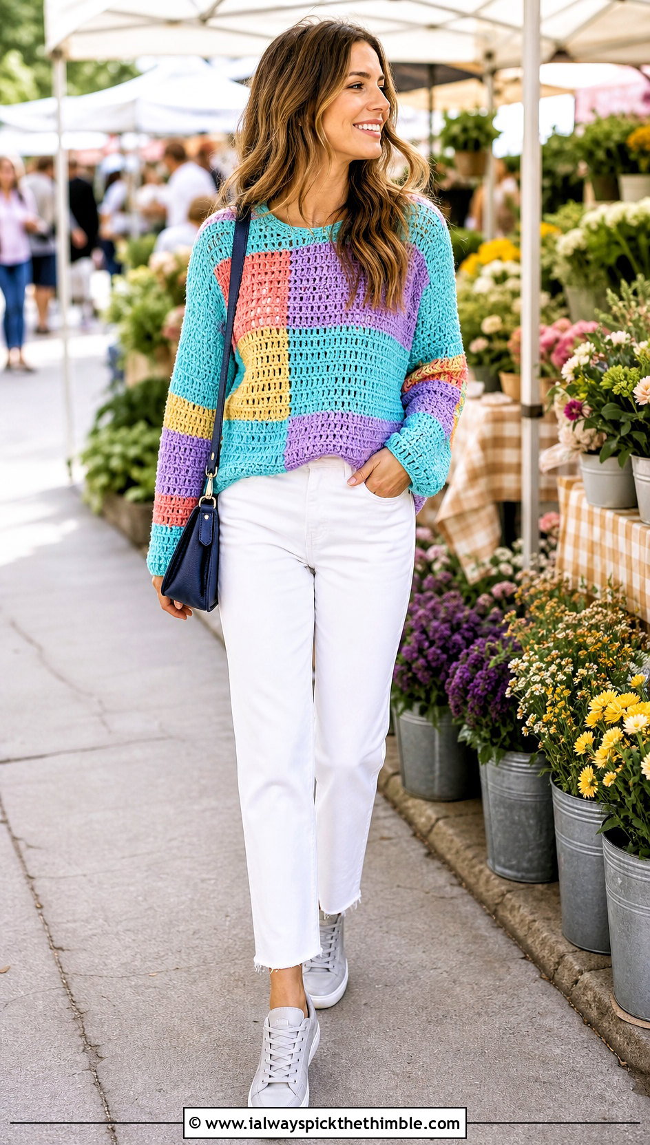 Patchwork Crochet Drop Shoulder Sweater With White Jeans - 20 crochet drop shoulder sweater outfit ideas