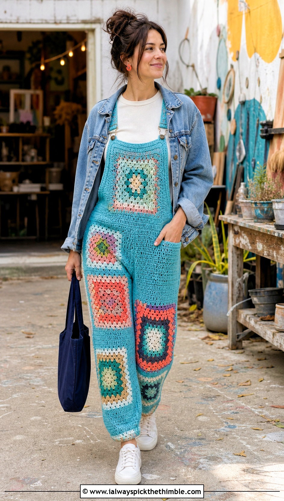Patchwork Crochet Dungarees With Denim Jacket - 20 crochet dungarees outfit ideas