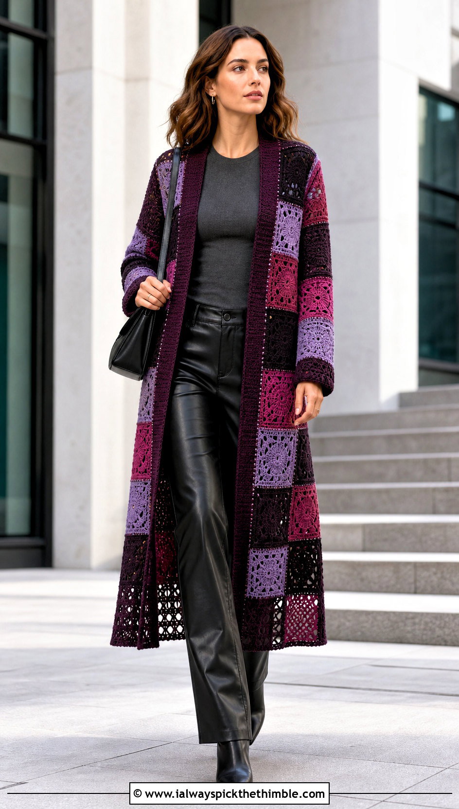 Patchwork Crochet Duster Cardigan With Leather Pants - 25 crochet duster cardigan outfit ideas