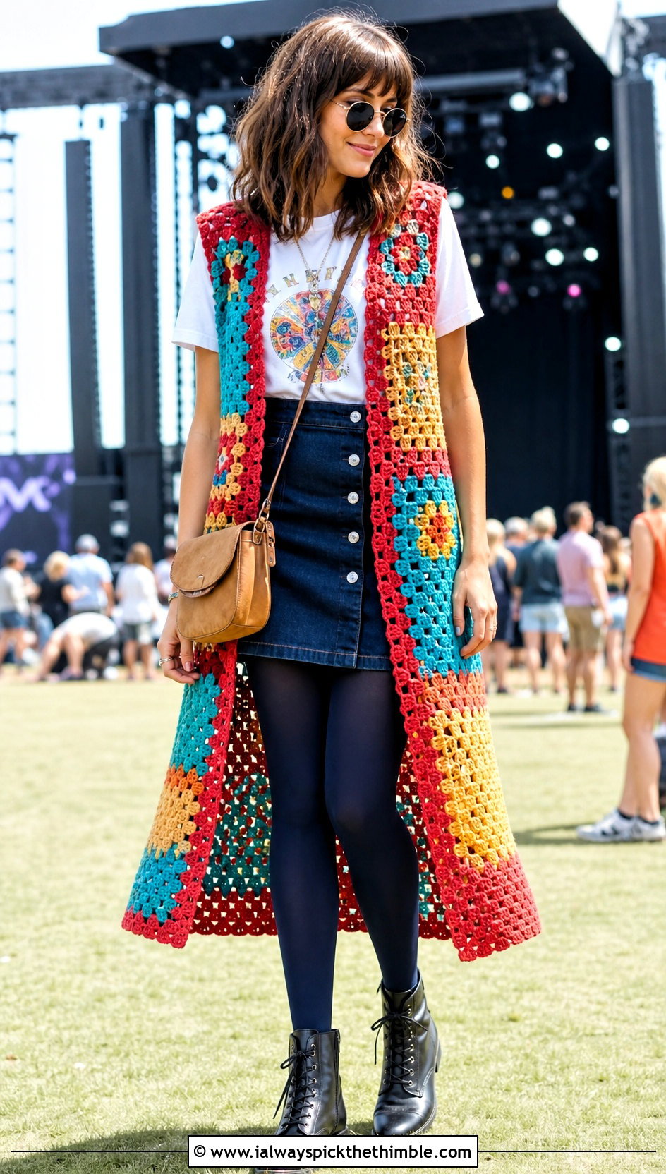 Patchwork Crochet Duster Vest With Graphic Tee And Mini Skirt - 20 crochet duster vest outfit ideas