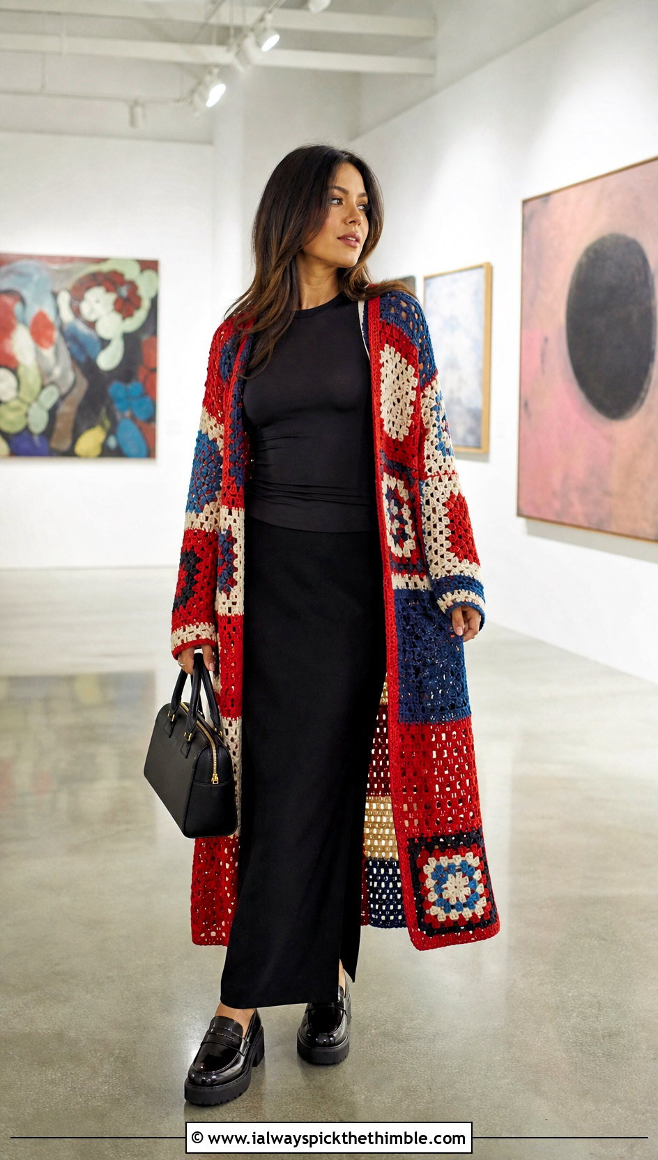 Patchwork Crochet Duster With Black Top And Column Skirt - 20 Easy Crochet Duster outfit ideas