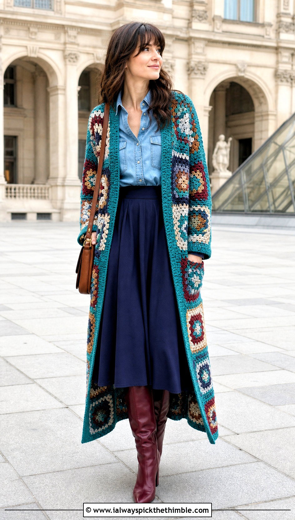 Patchwork Crochet Duster With Denim Shirt And Midi Skirt - 20 crochet coat ideas