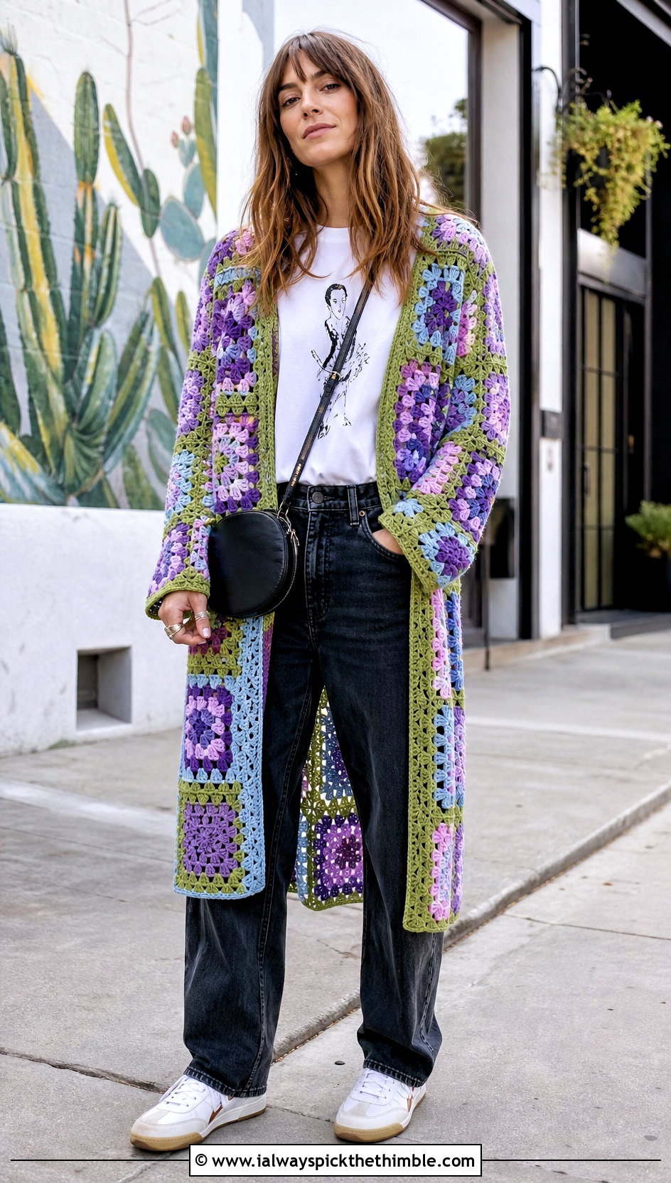 Patchwork Crochet Duster With Graphic Tee And Jeans - 20 crochet duster outfit ideas